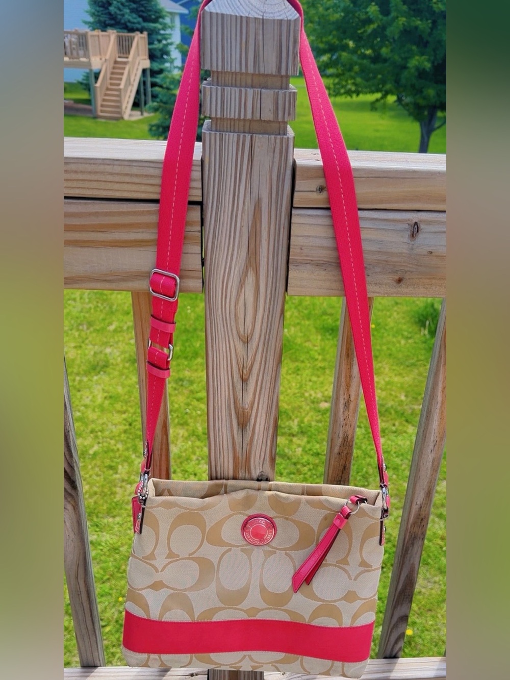 Coach Beige Signature Canvas Crossbody with Pink Trim and Strap